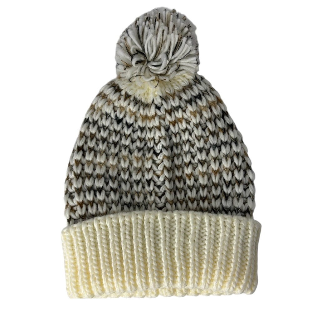 J.Jill‎ Women's Chunky Knit Pom Pom Beanie Hat Ivory Gray Acrylic Winter OS